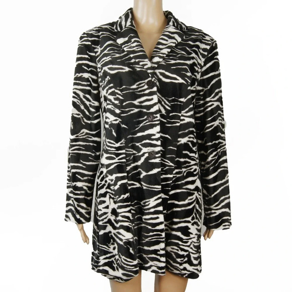 Vintage 90s Y2K Black White Zebra Animal Print Velvet Light Trench Long Coat - Picture 1 of 6